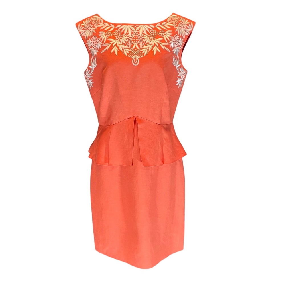Antonio Melani Coral Orange Embroidered‎ Peplum Sheath Dress 8 Quiet Luxury